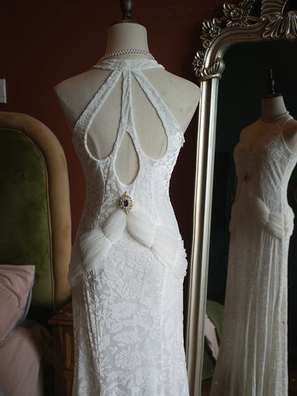 Vintage Rhinestones White Cutout Back V-neck Velvet Gown Evening Dress