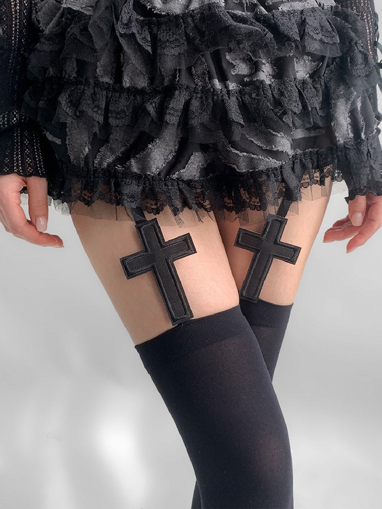 Black Cross Applique Suspender Stockings