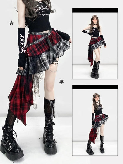 Clearance-Size M for Waist 76CM Y2K Red Plaid Asymmetrical Hem Tiered Punk Glamorous Skirt