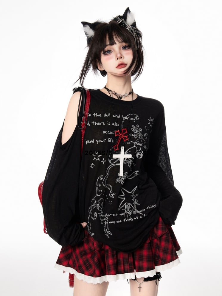 Bowknot Graffiti Print Cutout Shoulder Black/White Semi-sheer Coverup