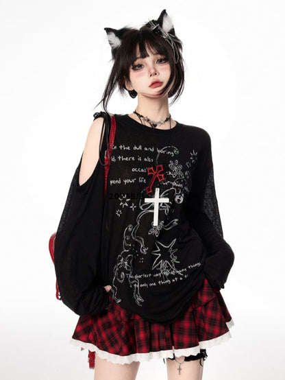 Bowknot Graffiti Print Cutout Shoulder Black/White Semi-sheer Coverup