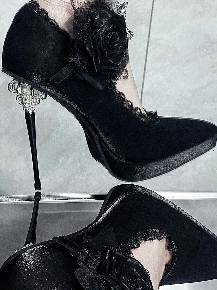 Black Gothic Floral Decorated Pointed Toe Satin High Heels