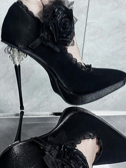 Black Gothic Floral Decorated Pointed Toe Satin High Heels