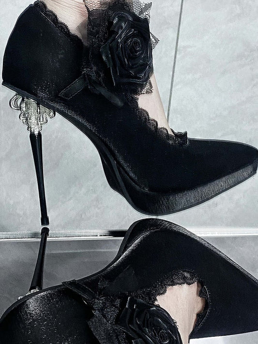 Black Gothic Floral Decorated Pointed Toe Satin High Heels