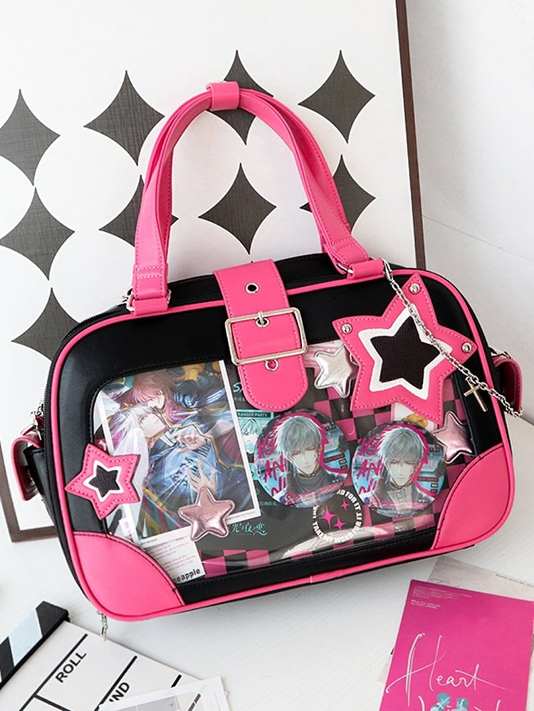 Black and Pink Checked Pattern Star Ita Bag