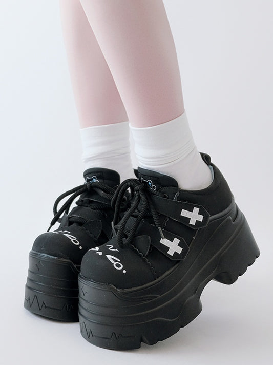 Yami Kawaii Matte Black Cross Velcro Strap Kitty Ears Design Platform Shoes