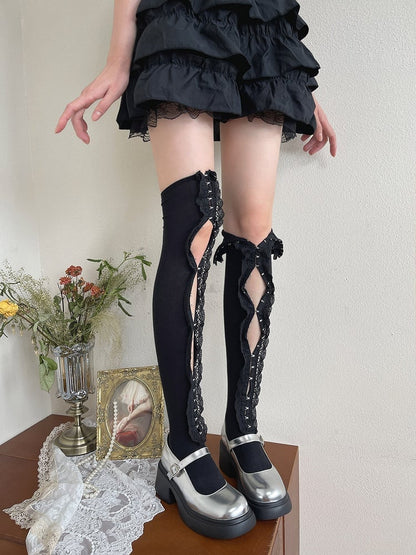 White/Black Ruffle Trim Overknee Stockings