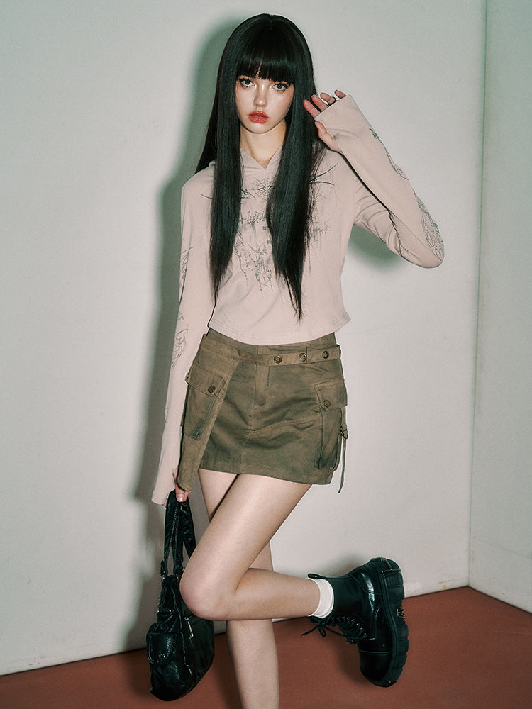 Punk Rock Cross and Spiderweb Print Camel Sun Protection Hooded Top