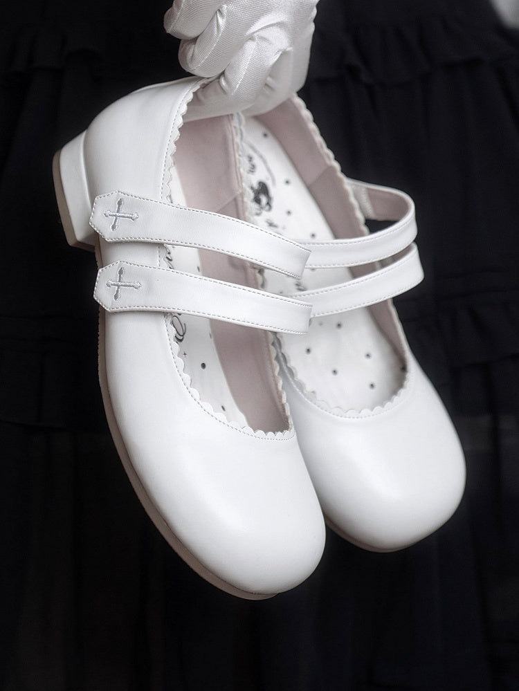 White Gothic Cross Embroidery Velcro Strap Closures Round Toe Flats