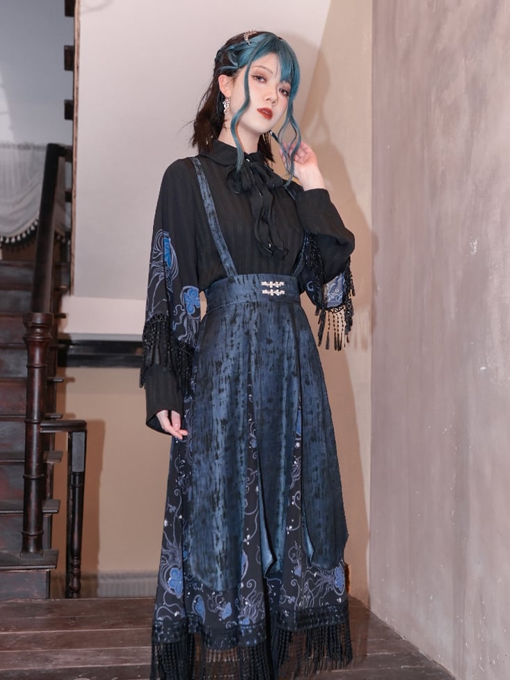 Blue Jellyfish Print Tassel Hem Black Cheongsam Style Skirt Overalls with Detachable Straps