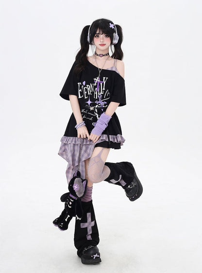 Asymmetrical Red/Purple Plaid Hem Black Punk Rock Graphic T-Shirt