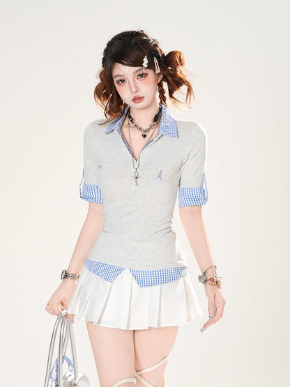 Blue Plaid Hem Gray Polo Collar Preppy Style Slim-fitting T-shirt