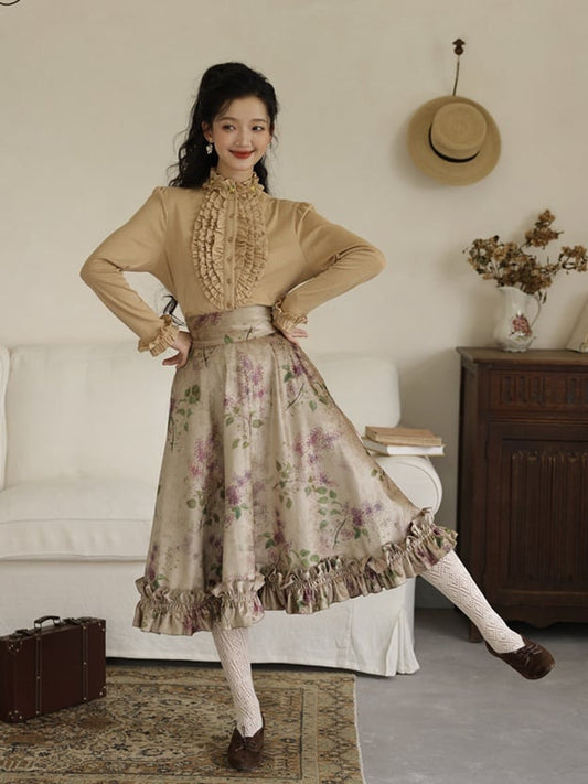 Vintage Purple Floral Print Ruffle Trim High Waist Skirt