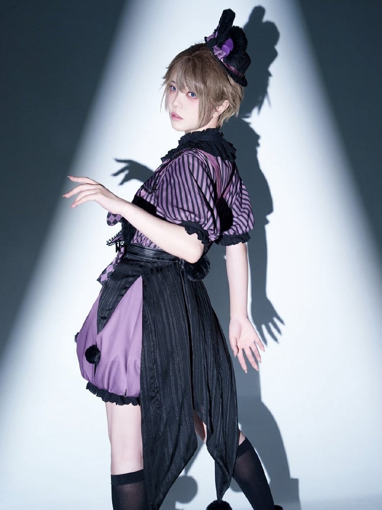 Clearance-Size L for Bust 100CM Kuromi Black and Purple Bunny Theme Circus Vibes Ouji Lolita Striped Pattern Top + Waist 64-74CM Bloomers Set