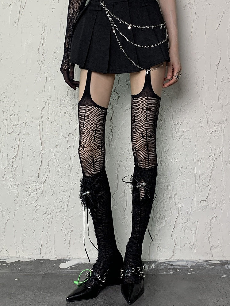 Black Y2K Floral Pattern Self-tie Straps Semi-sheer Underknee Stockings With Pearl Charms