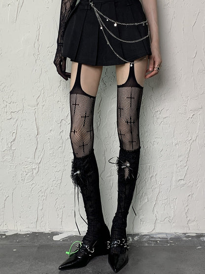 Black Y2K Floral Pattern Self-tie Straps Semi-sheer Underknee Stockings With Pearl Charms