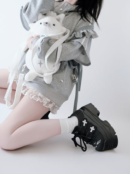 Yami Kawaii Matte Black Cross Velcro Strap Kitty Ears Design Platform Shoes