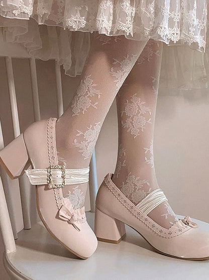 Ruffle Straps, Snap Closure & Bow Accents PU Apricot Low/Mid Heels in Elegant Lolita