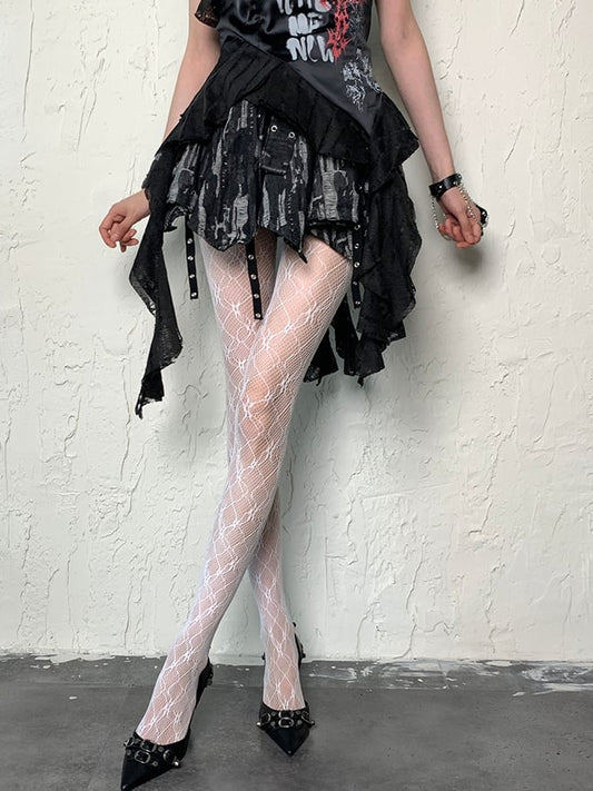 White/Black Y2K Hollow-out Design Tights