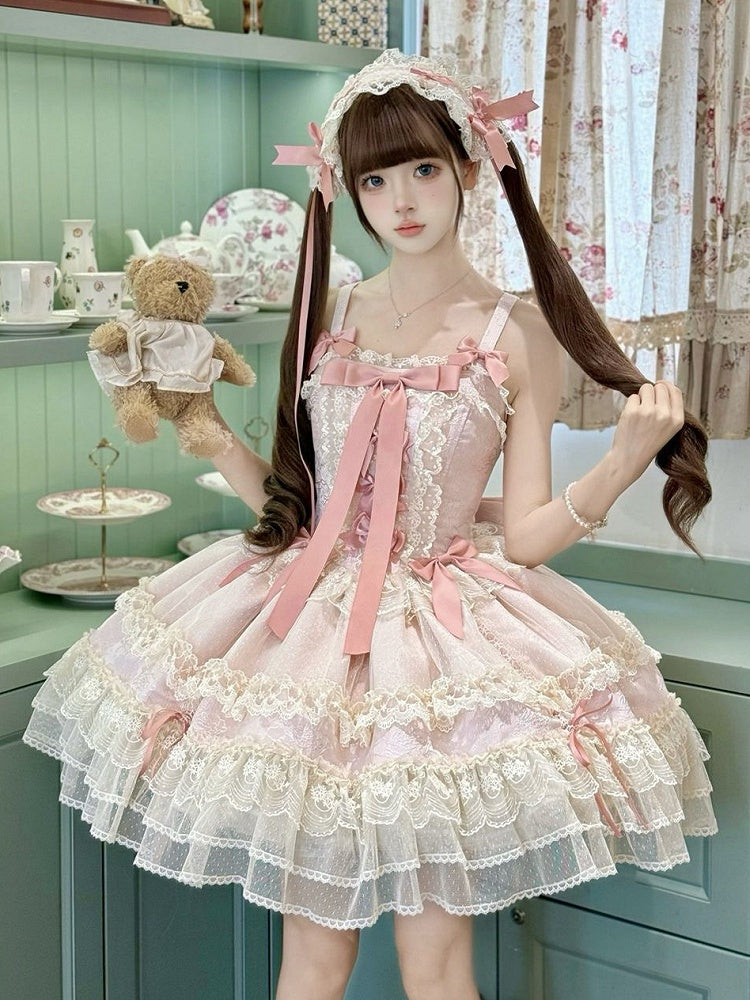 Pink Balletcore Lolita Dress Bowknots Decorated Sweet Jumper Skirt
