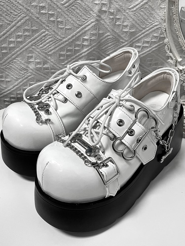 Jirai Kei Polished White Y2K Bone Design Buckle Strap Platform Shoes