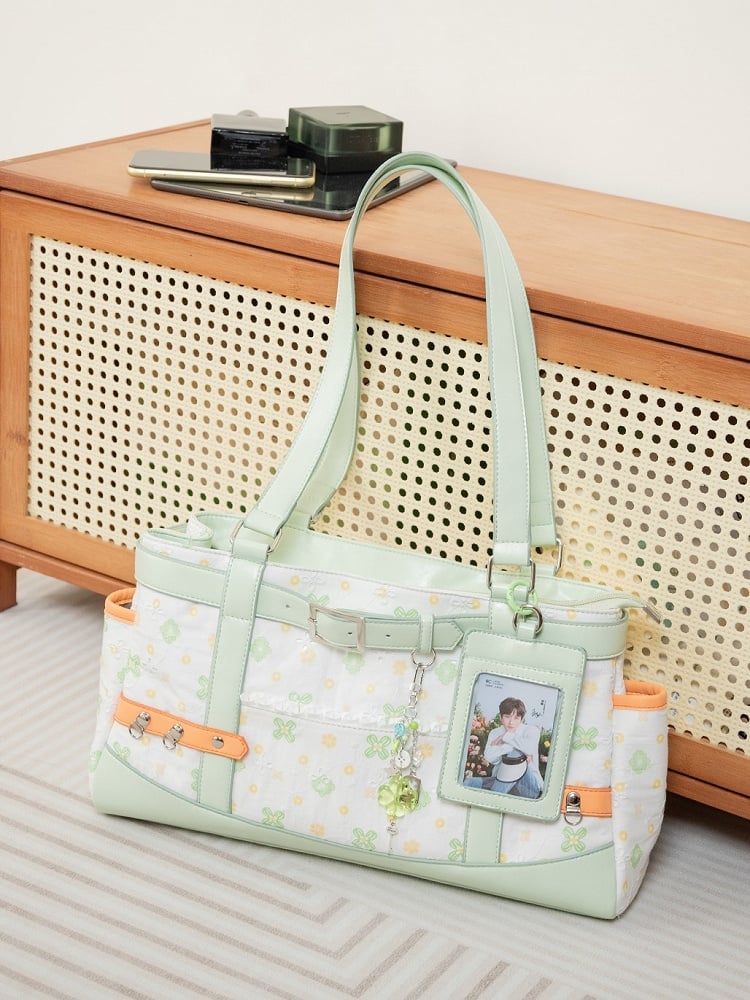 Green & White Clover-Themed Large Capacity Tote Ita Bag with Strap Accents And Detachable Ita Card Holder