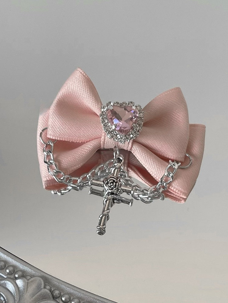 Black/Champagne/Pink Cross Charm Rhinestone Heart Decorated Bowknot Hairclips