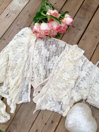 Plus Size Apricot Self-tie Straps Hollow-out Lace Top