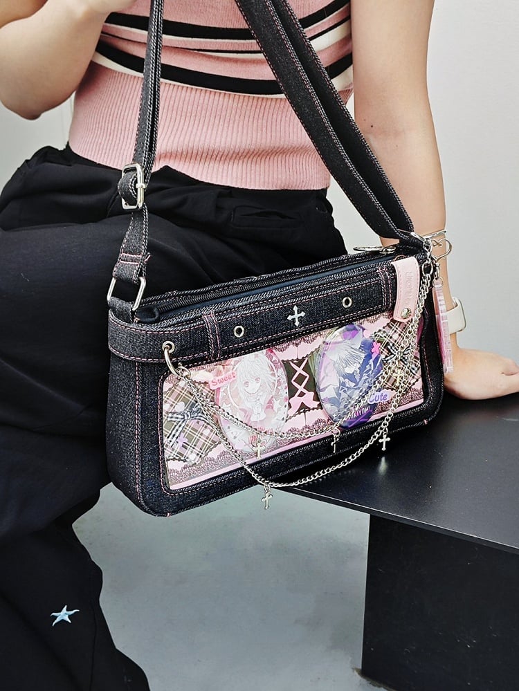 Black Cross Design Denim Ita Bag with Detachable Chain
