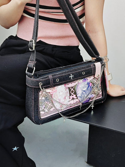 Black Cross Design Denim Ita Bag with Detachable Chain