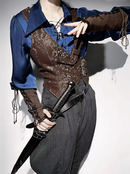 Steampunk Brown Asymmetrical Design Snakeskin-grain Leather Waistcoat