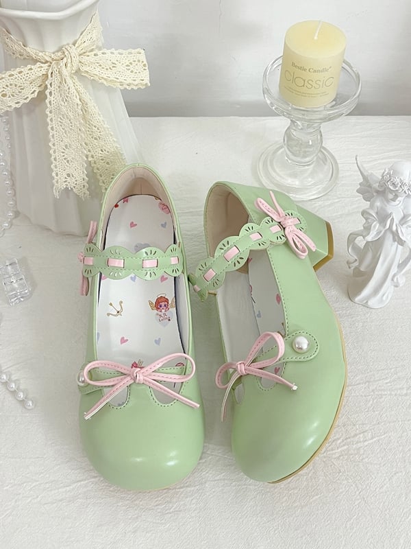 Apple Green Beaded Decorated Knotted Bow at Top Round Toe Lolita Shoes
