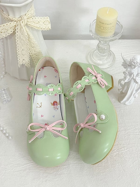 Apple Green Beaded Decorated Knotted Bow at Top Round Toe Lolita Shoes