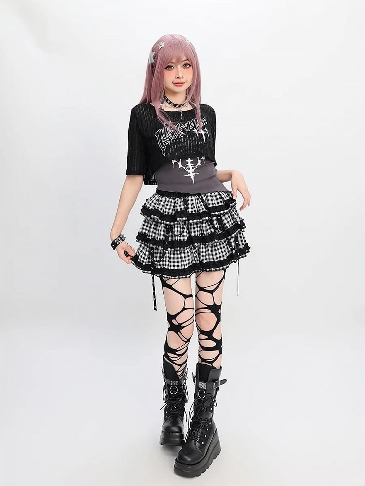 Y2K Red/Gray Halter Neck Graphic Tank Top with Black Cropped Coverup Set