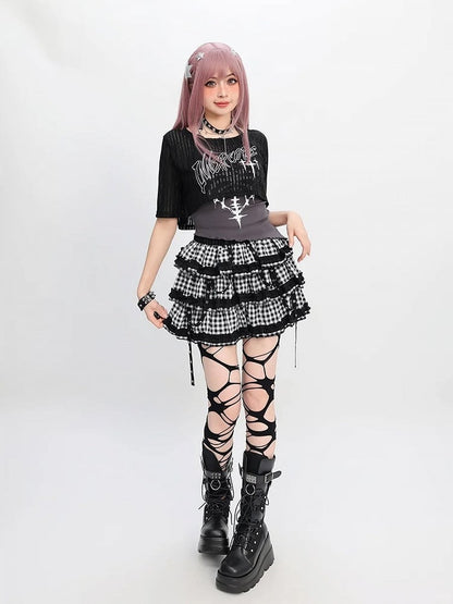 Y2K Red/Gray Halter Neck Graphic Tank Top with Black Cropped Coverup Set