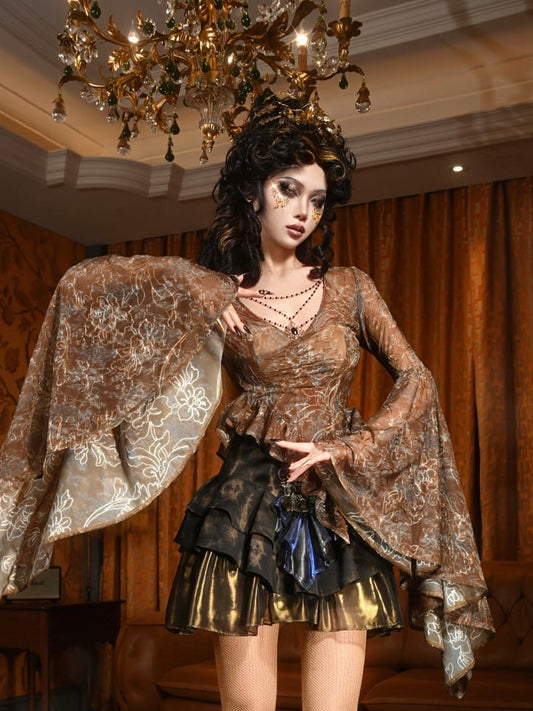 Gold V-neck Wide Flounce Sleeves Top with Removable Bead Chain on Neckline