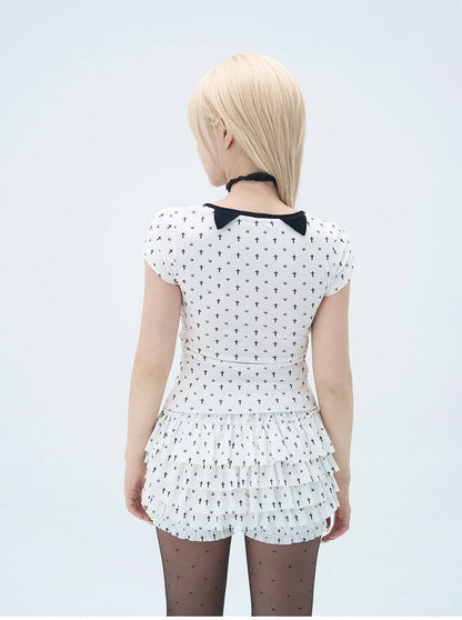 Pastel Gothic Black & White Allover Cross and Cat Paw Print Cat Ears Detail at Back T-Shirt