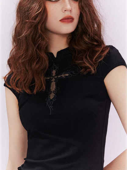 Black / White Cheongsam Dress with Organza Applique Cross Embroidery