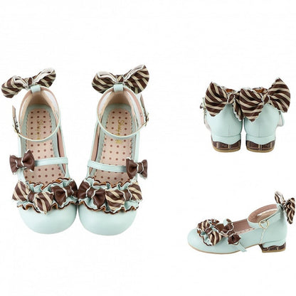 Green&Brown Striped Pattern Bowknot Details Heart Buckle Lolita Shoes
