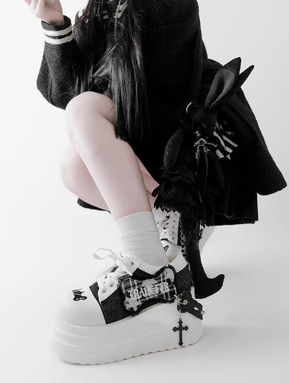 Black & White Punk Bone Applique Silver-tone Studs Platform Shoes