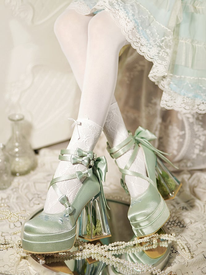 Green Camellia Flower High Block Heel Elegant Platform High Heels