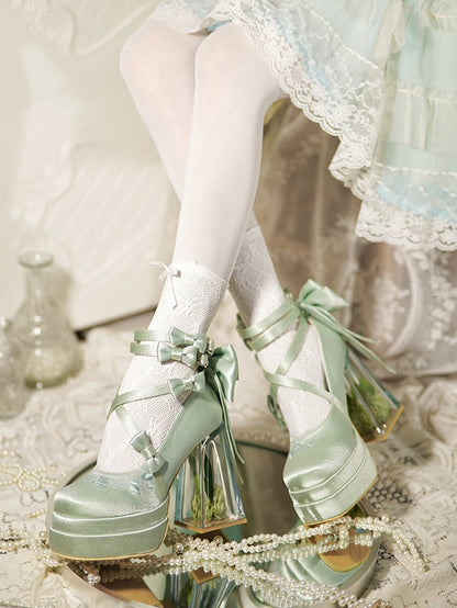 Green Camellia Flower High Block Heel Elegant Platform High Heels