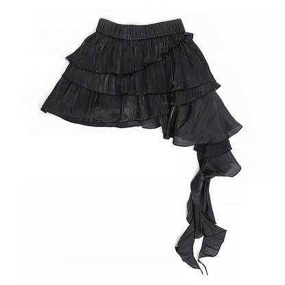 Black Elastic Waist Cascading Ruffles Tiered Mesh Skirt