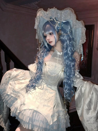 Blue and White Cross Illusion Halter Neck Witch Lolita Backless Dress Gothic JSK Halloween Outfit