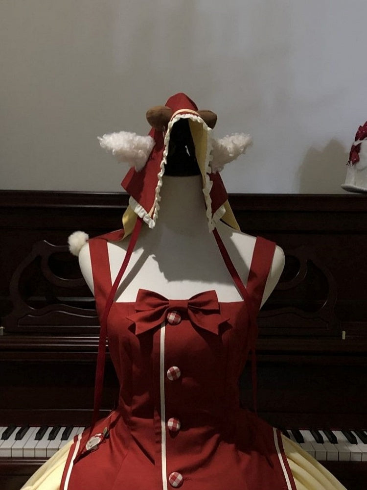 Red & White Ruffled Trim Lolita Triangular Headscarf with Sheep Ear Details