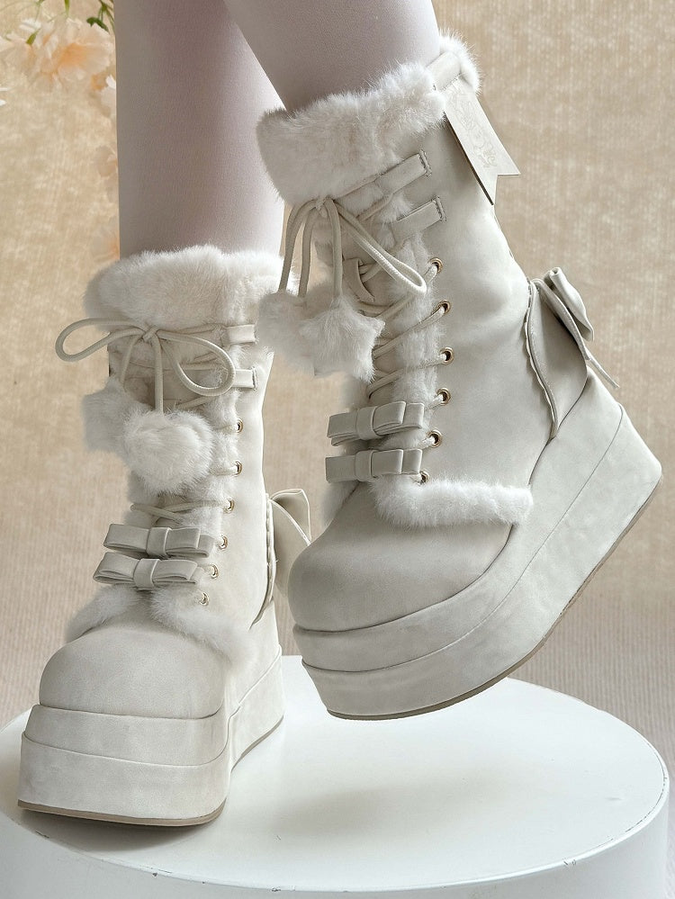 Platform Sweet White Winter Boots for Lolita - Fleece Lining with Heart And Star Pompon Charm Shoelaces & Bow Decor