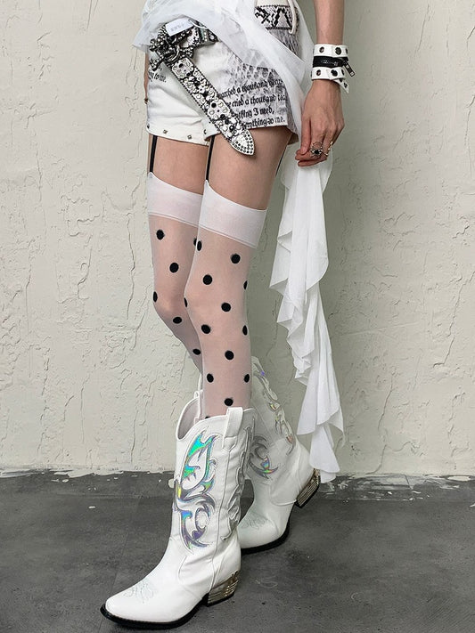 White Y2K Suspender Tights With Black Polka-dot Pattern