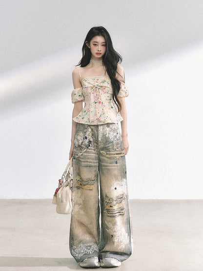 Big Bow Neckline White/Floral/Blue Off-the-shoulder Neckline Top