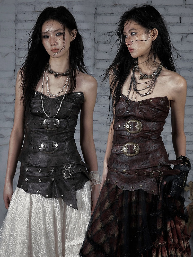 Red/Brown Wasteland Punk Buckle Decorated PU Bustier Top