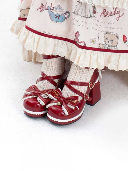 Red Crisscross Design Heart Buckles Detachable Bow at Top High Block Heels